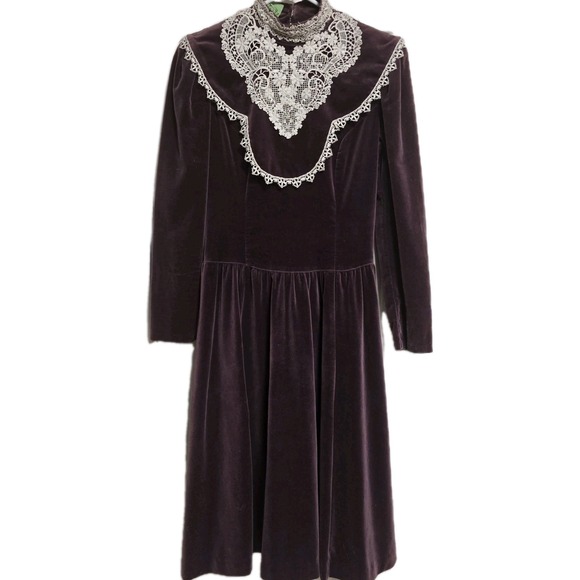 Vintage Gunne Sax Velvet Prairie Dress Deep Burgundy Lace Trim Size 5